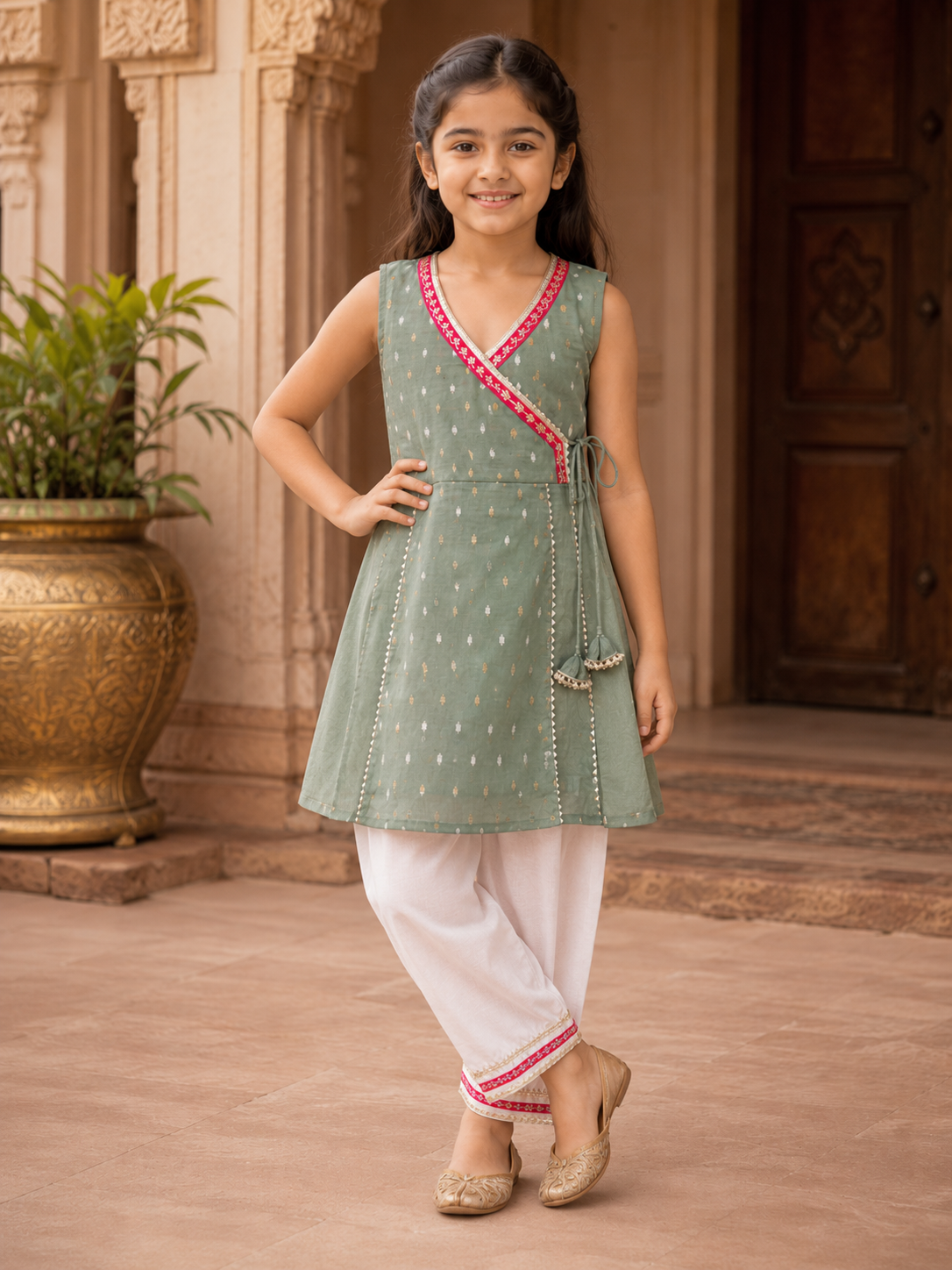 Bitiya By Bhama Girls Pista Green Kurta With Farsi Salwar