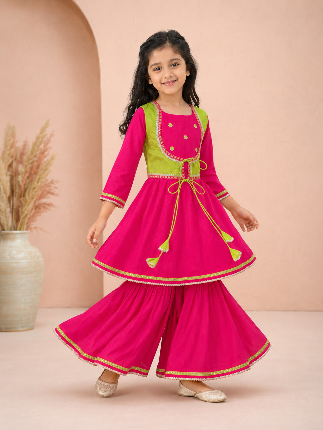 Bitiya By Bhama Girls Pink Kurta With Matching Sharara & Contrast Jacket