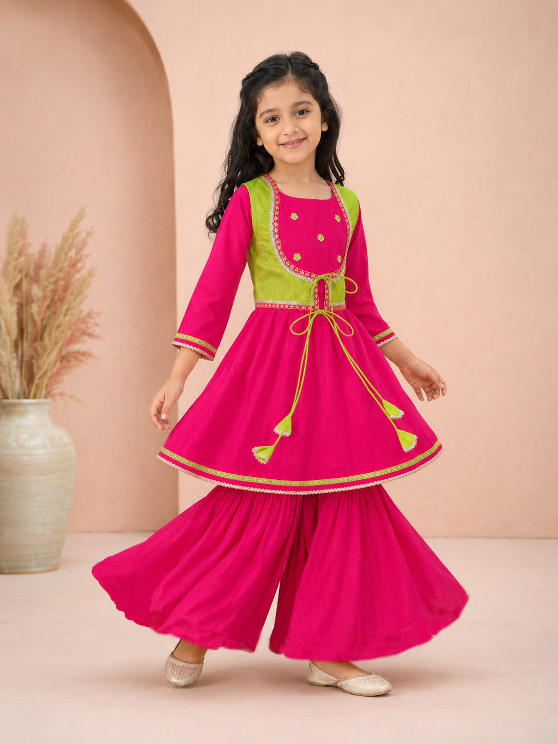 Bitiya By Bhama Girls Pink Kurta With Matching Sharara & Contrast Jacket