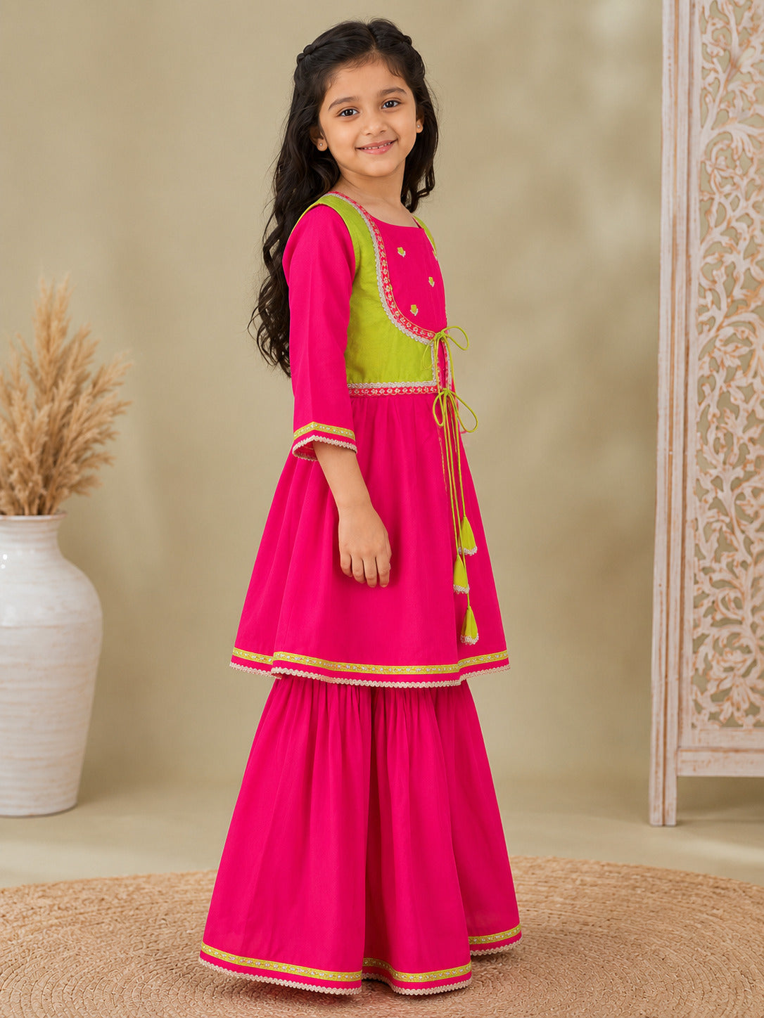 Bitiya By Bhama Girls Pink Kurta With Matching Sharara & Contrast Jacket