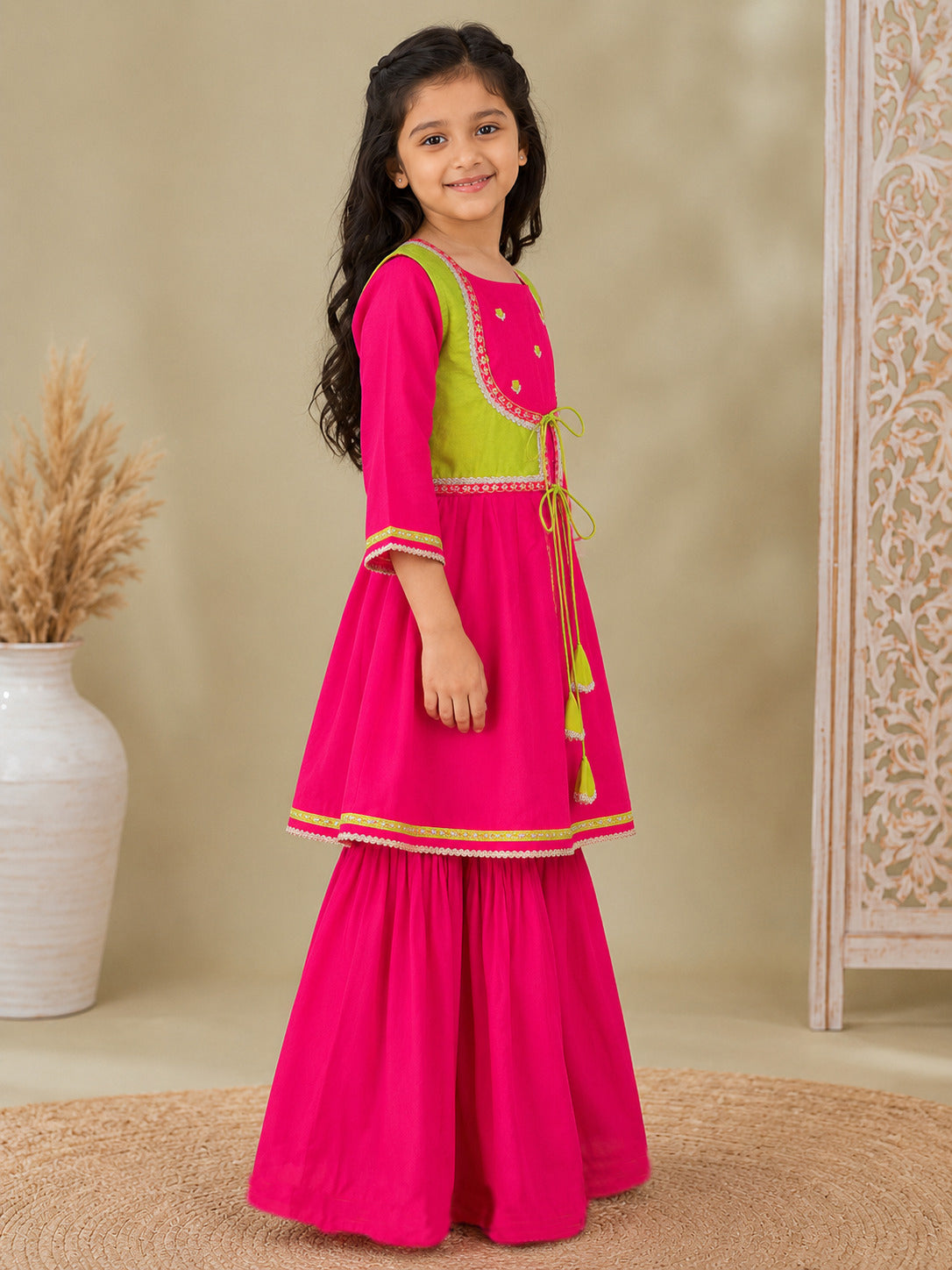 Bitiya By Bhama Girls Pink Kurta With Matching Sharara & Contrast Jacket