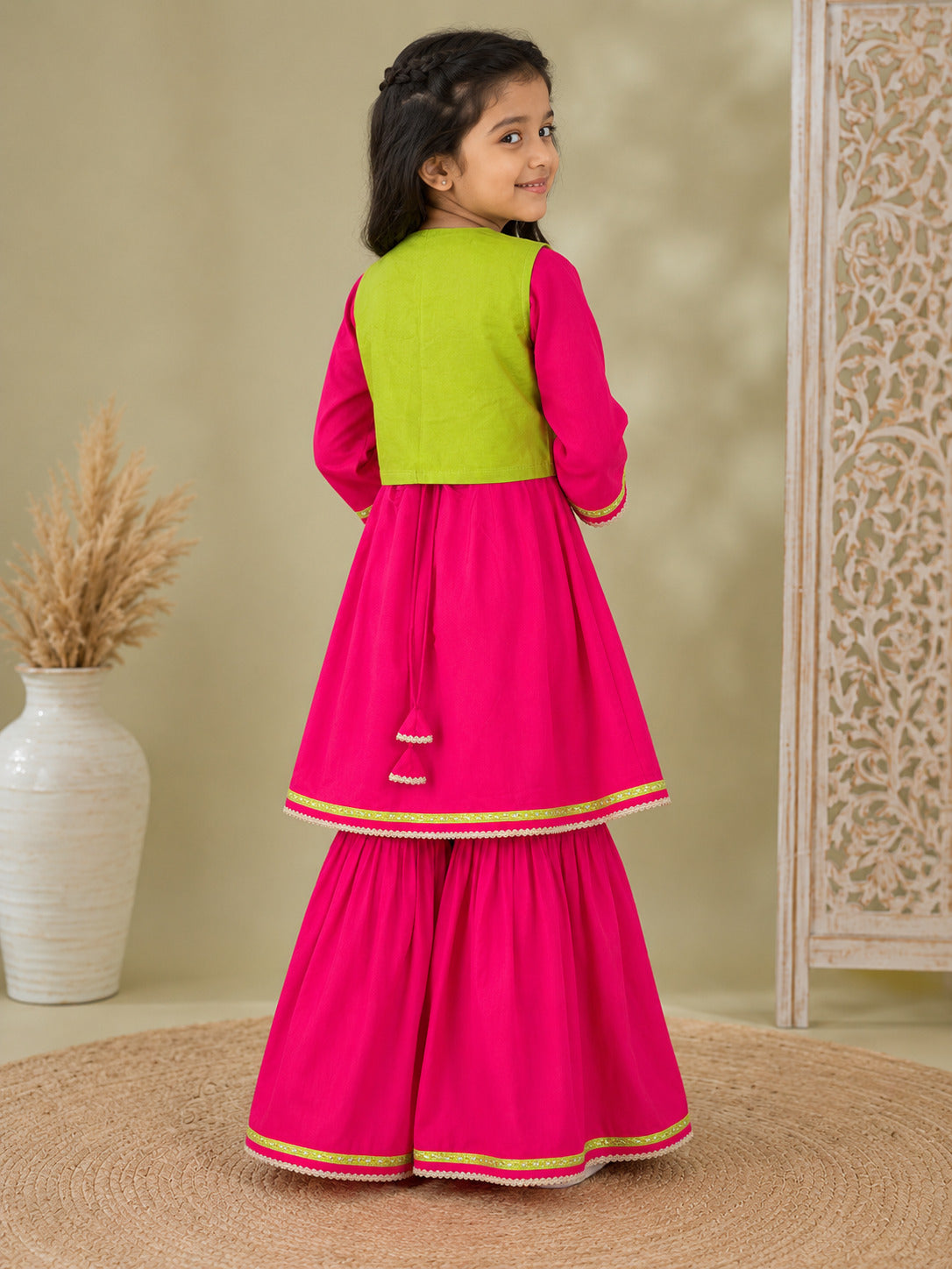 Bitiya By Bhama Girls Pink Kurta With Matching Sharara & Contrast Jacket
