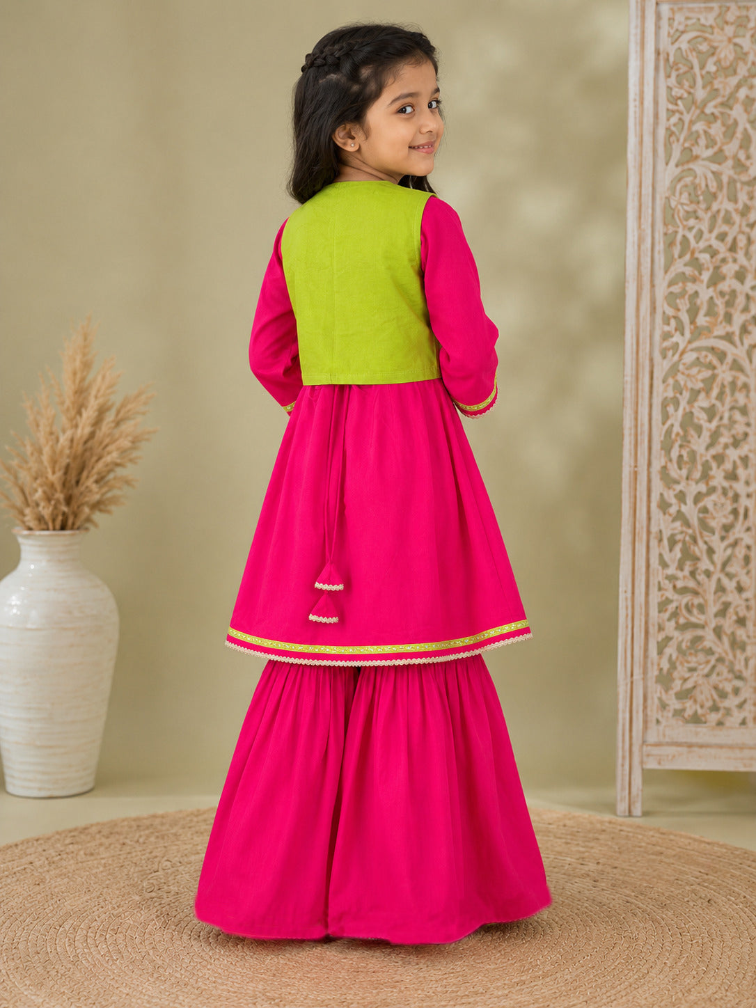 Bitiya By Bhama Girls Pink Kurta With Matching Sharara & Contrast Jacket