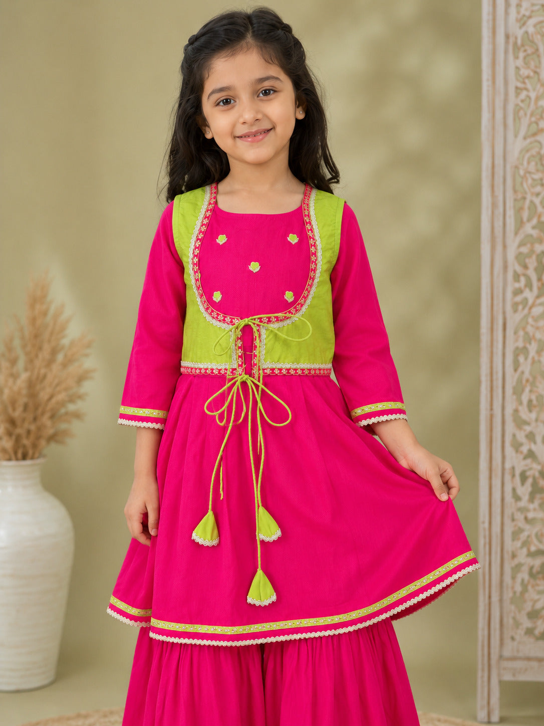 Bitiya By Bhama Girls Pink Kurta With Matching Sharara & Contrast Jacket