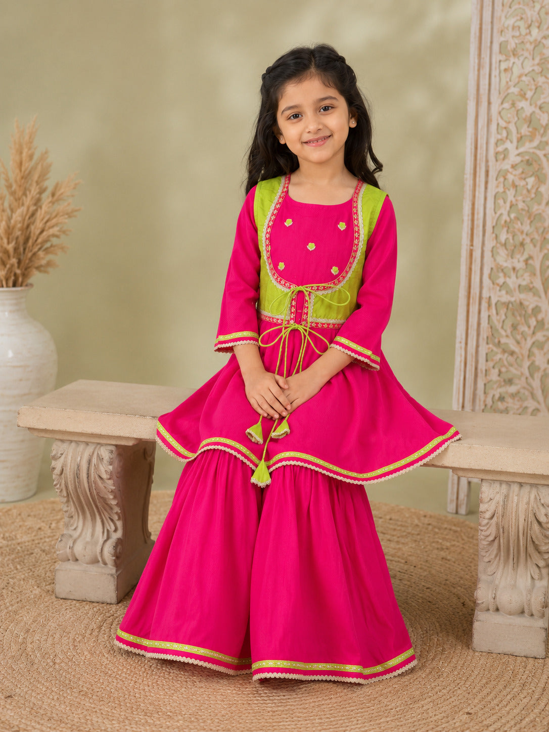 Bitiya By Bhama Girls Pink Kurta With Matching Sharara & Contrast Jacket