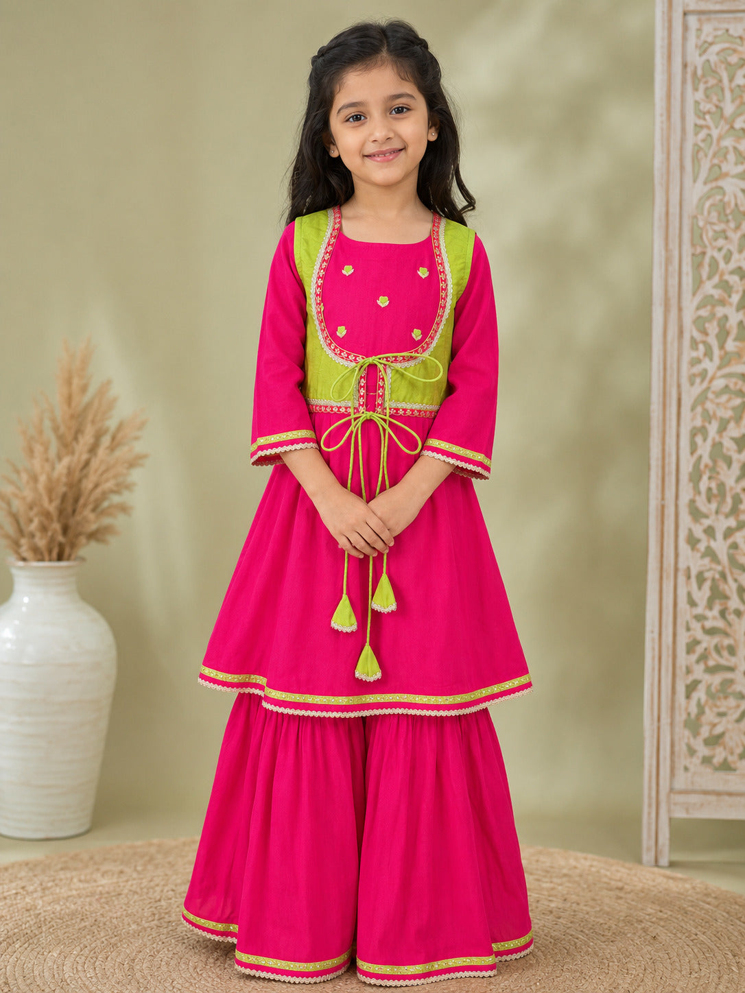 Bitiya By Bhama Girls Pink Kurta With Matching Sharara & Contrast Jacket
