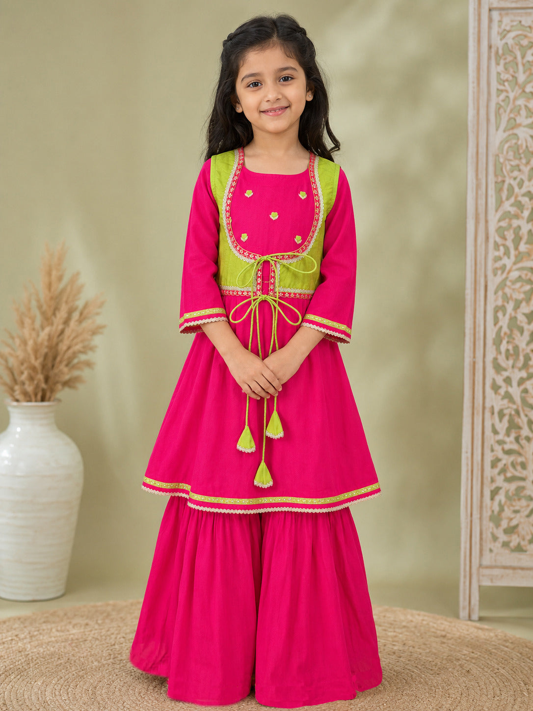 Bitiya By Bhama Girls Pink Kurta With Matching Sharara & Contrast Jacket