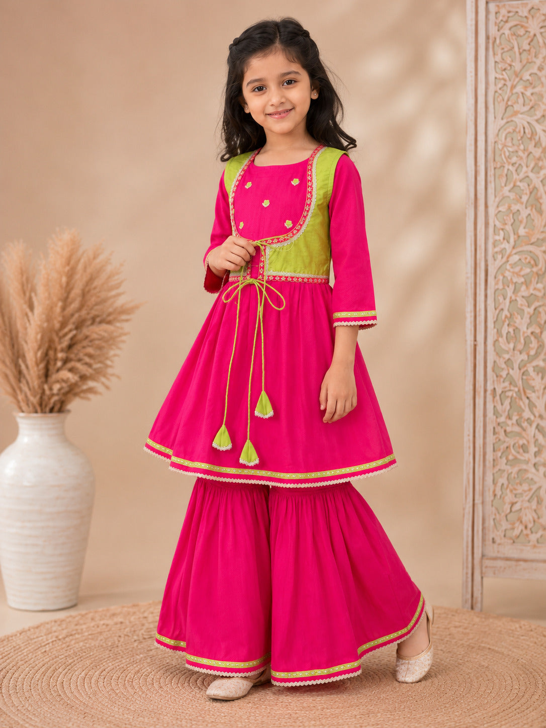 Bitiya By Bhama Girls Pink Kurta With Matching Sharara & Contrast Jacket