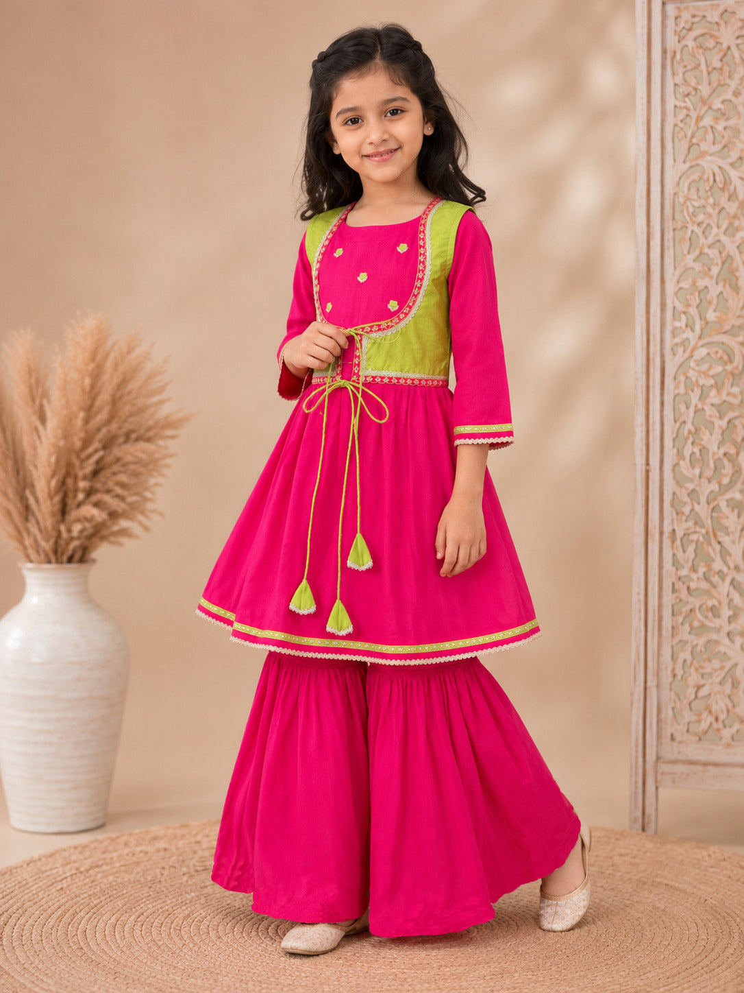 Bitiya By Bhama Girls Pink Kurta With Matching Sharara & Contrast Jacket