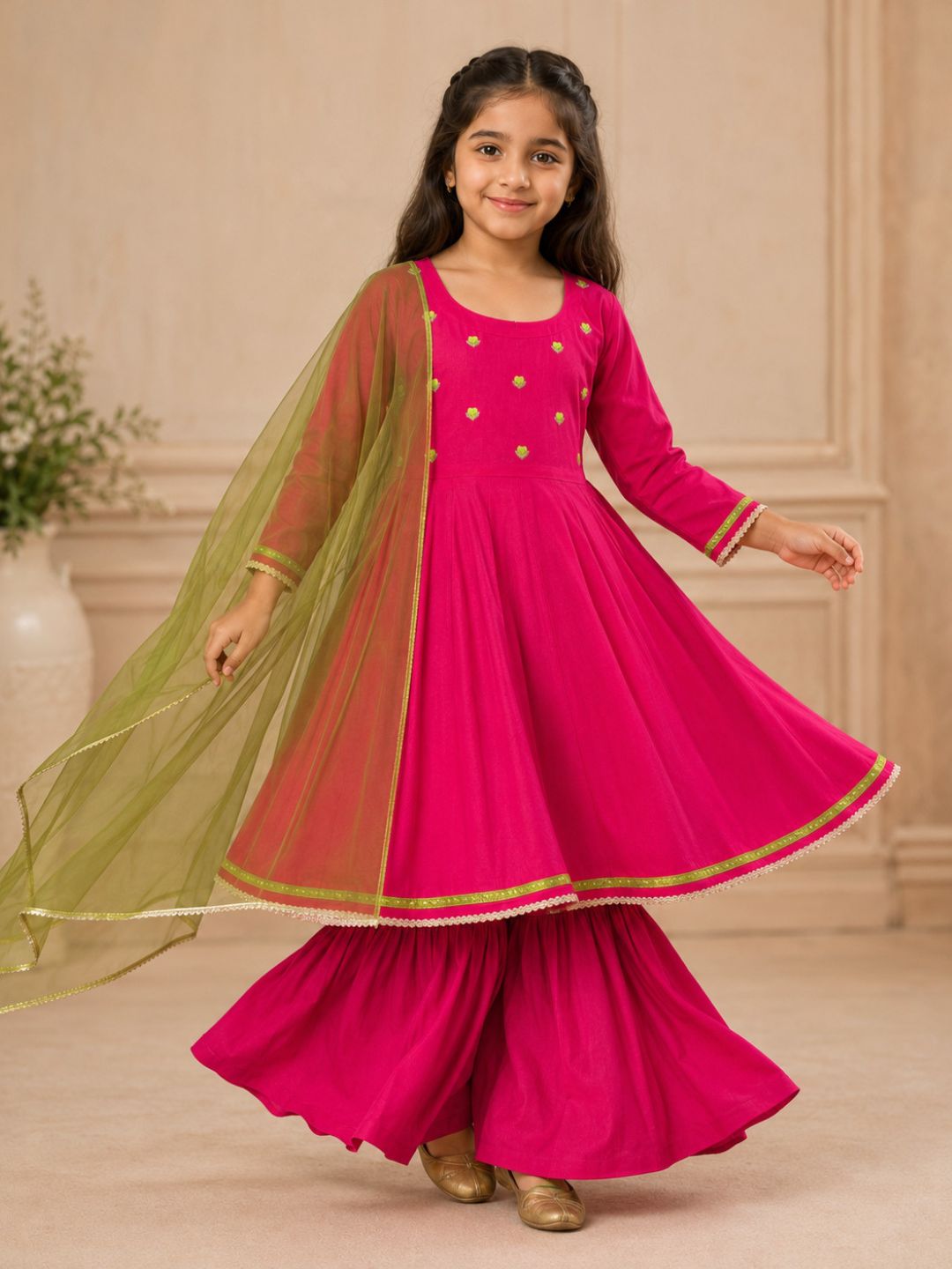 Bitiya By Bhama Girls Pink Kurta With Matching Sharara & Contrast Dupatta.