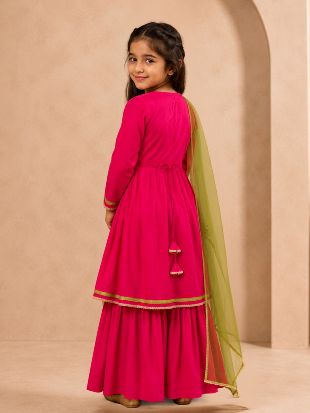 Bitiya By Bhama Girls Pink Kurta With Matching Sharara & Contrast Dupatta.