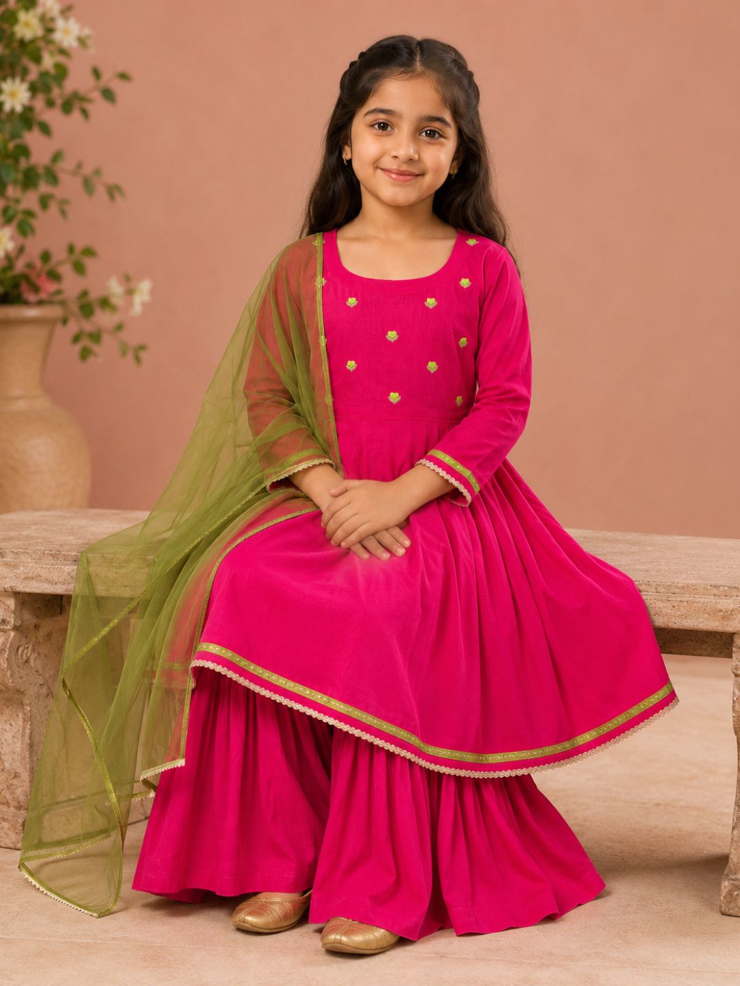 Bitiya By Bhama Girls Pink Kurta With Matching Sharara & Contrast Dupatta.