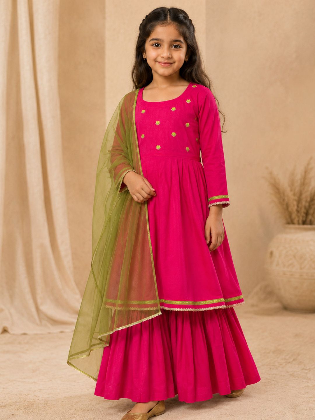 Bitiya By Bhama Girls Pink Kurta With Matching Sharara & Contrast Dupatta.