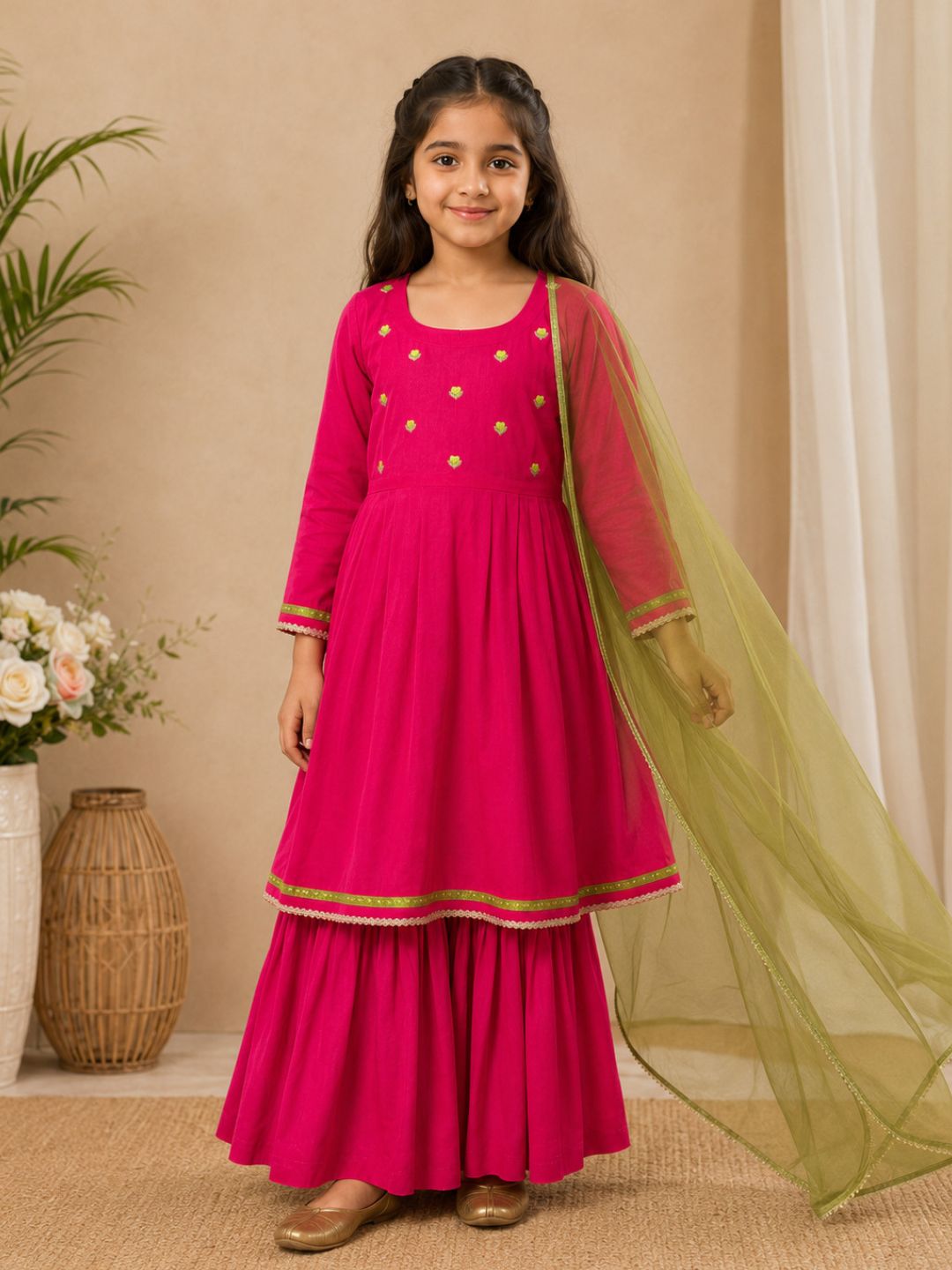 Bitiya By Bhama Girls Pink Kurta With Matching Sharara & Contrast Dupatta.