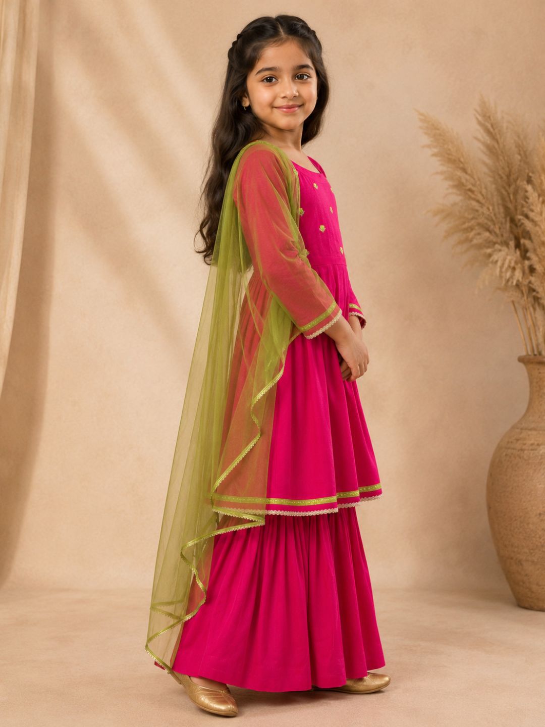 Bitiya By Bhama Girls Pink Kurta With Matching Sharara & Contrast Dupatta.