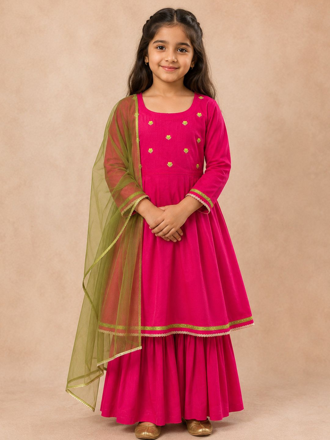 Bitiya By Bhama Girls Pink Kurta With Matching Sharara & Contrast Dupatta.