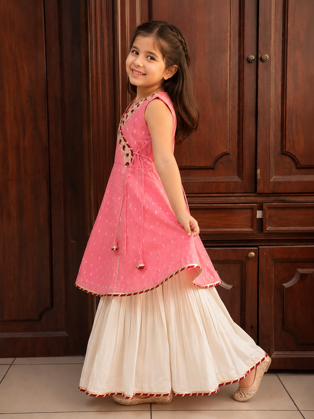 Bitiya By Bhama Girls Peach Kurta With White Sharara