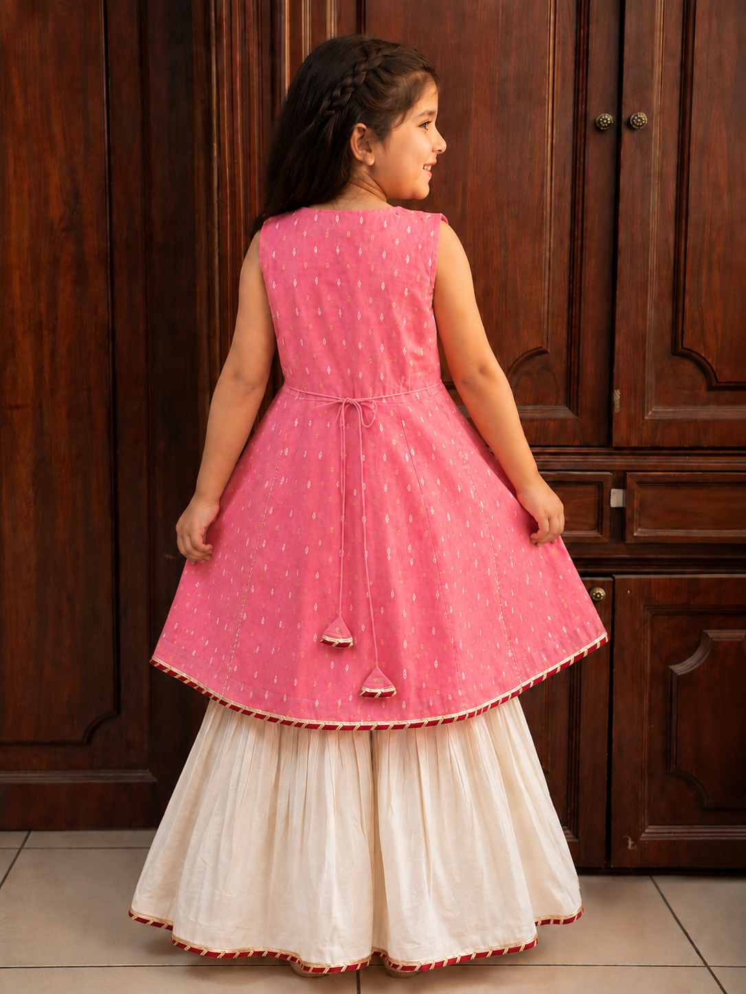 Bitiya By Bhama Girls Peach Kurta With White Sharara