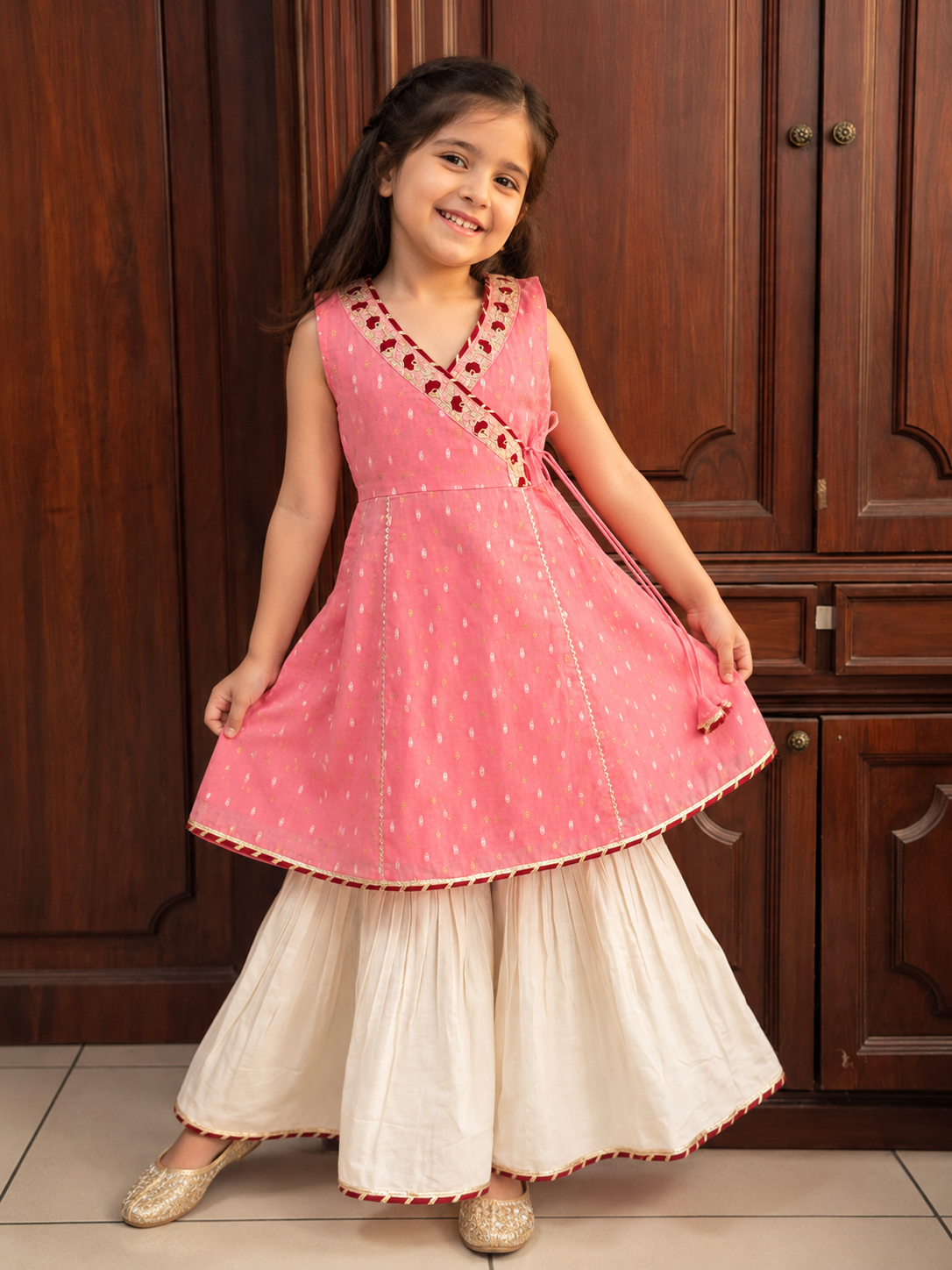 Bitiya By Bhama Girls Peach Kurta With White Sharara