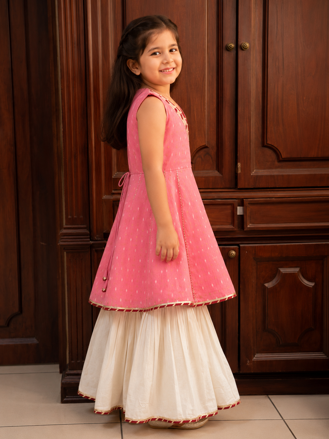 Bitiya By Bhama Girls Peach Kurta With White Sharara