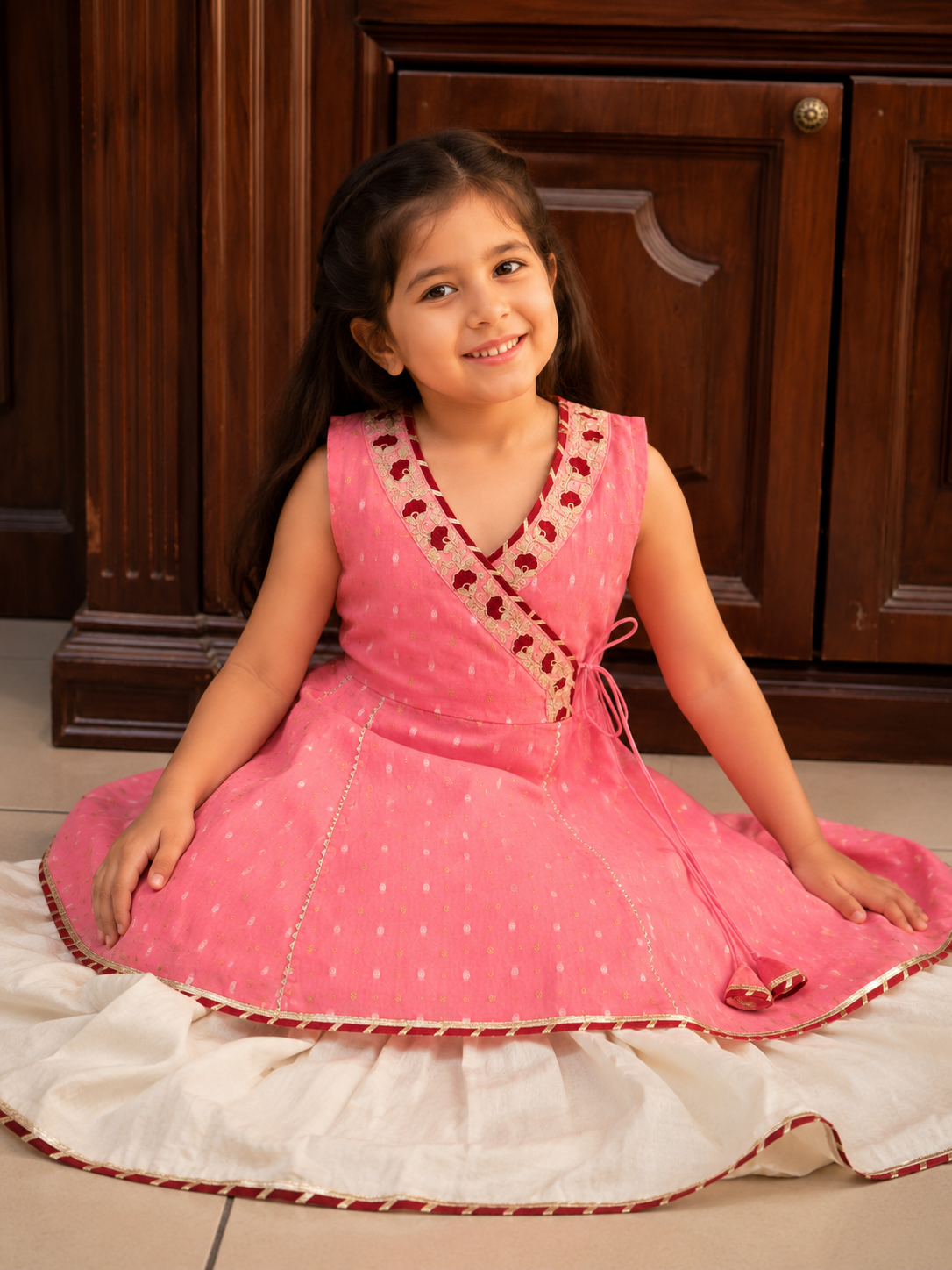 Bitiya By Bhama Girls Peach Kurta With White Sharara
