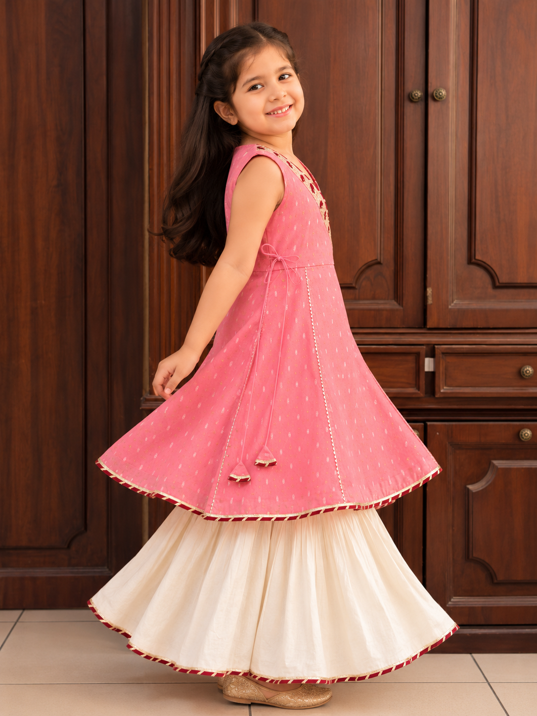 Bitiya By Bhama Girls Peach Kurta With White Sharara