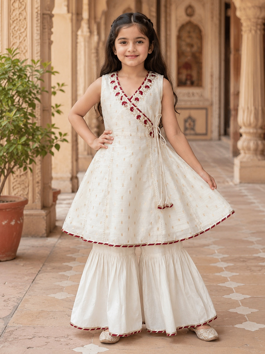Bitiya By Bhama Girls Off White Kurta With Sharara