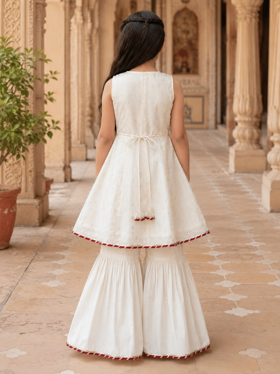 Bitiya By Bhama Girls Off White Kurta With Sharara