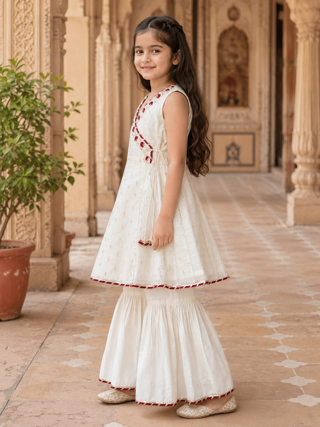Bitiya By Bhama Girls Off White Kurta With Sharara
