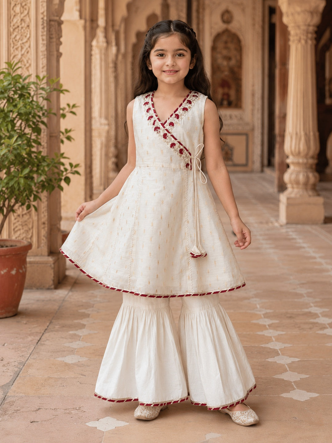 Bitiya By Bhama Girls Off White Kurta With Sharara