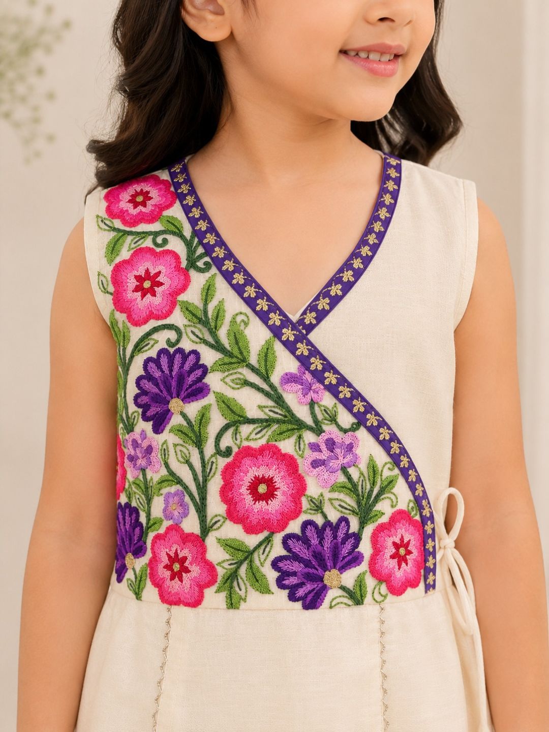 Bitiya By Bhama Girls Off White Embroidered Kurta With Farsi Salwar