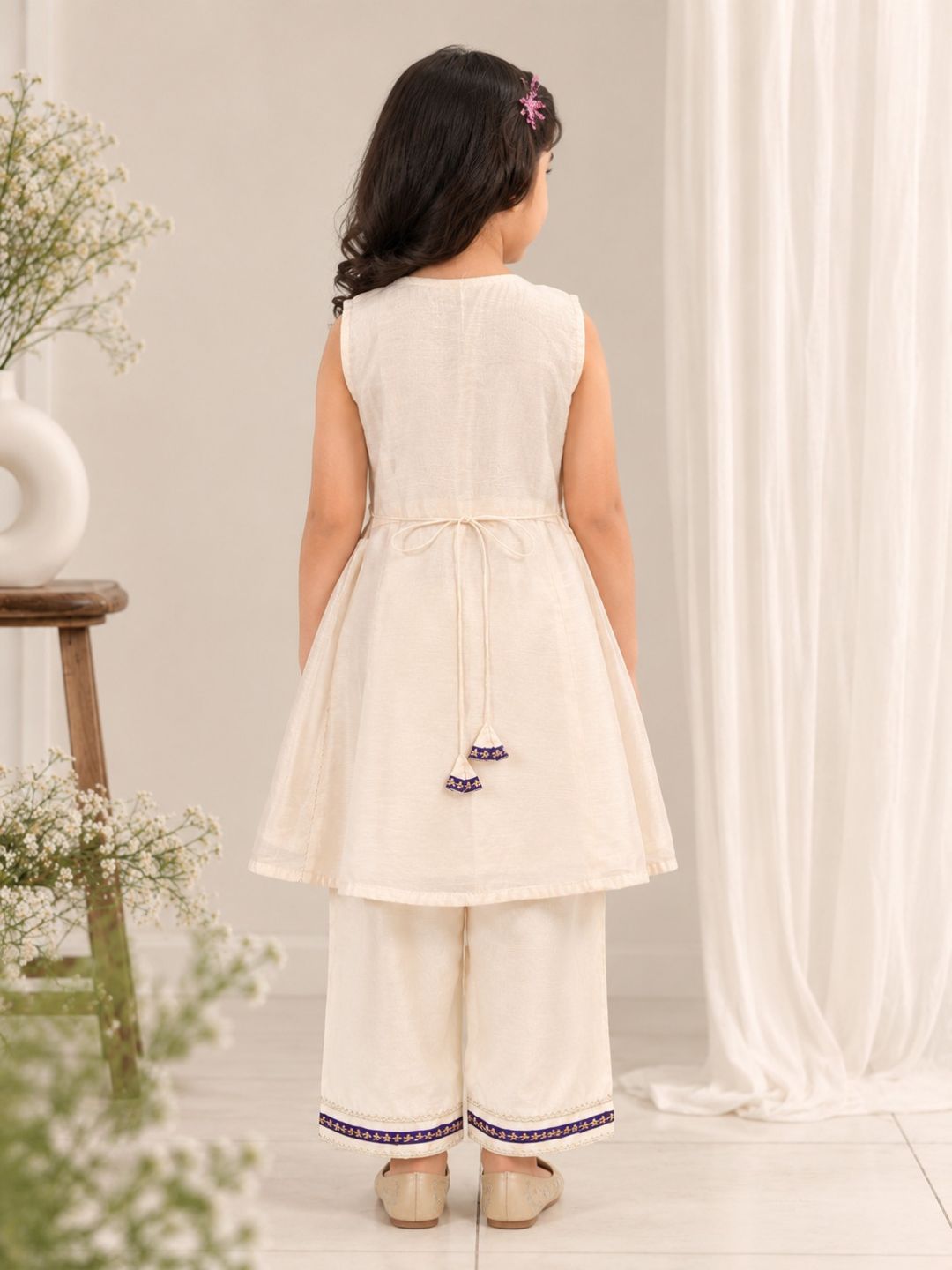 Bitiya By Bhama Girls Off White Embroidered Kurta With Farsi Salwar
