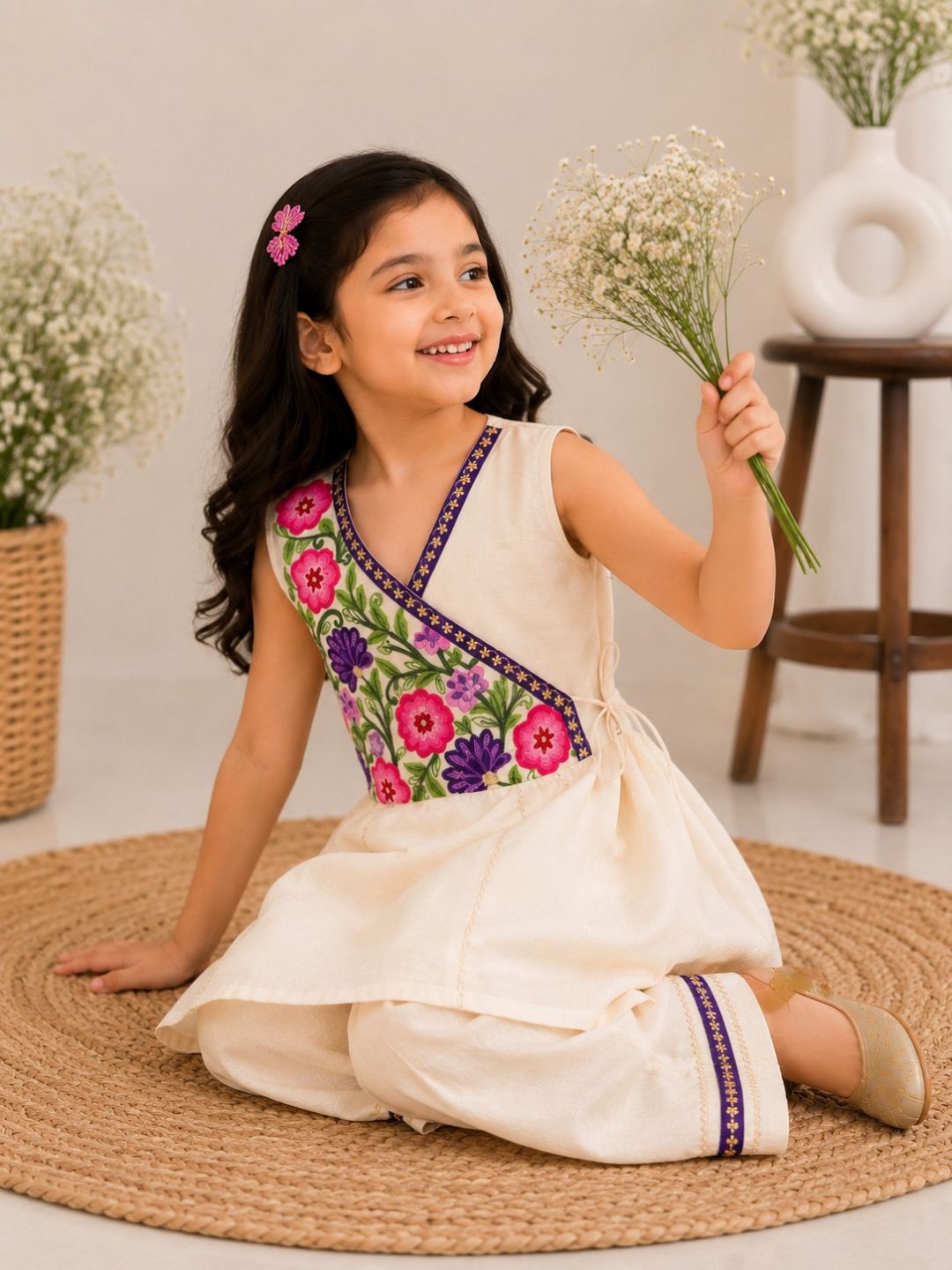 Bitiya By Bhama Girls Off White Embroidered Kurta With Farsi Salwar
