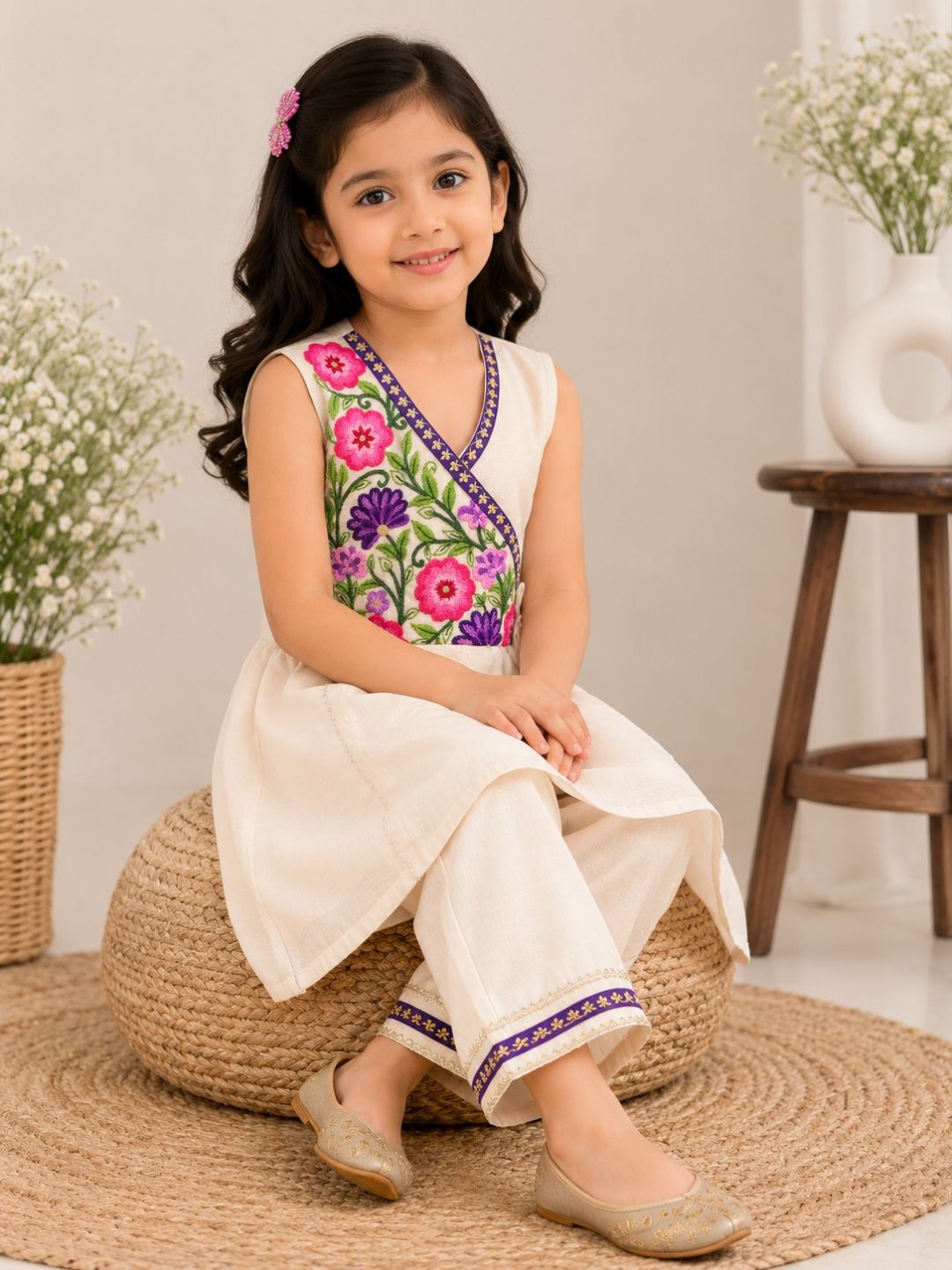 Bitiya By Bhama Girls Off White Embroidered Kurta With Farsi Salwar
