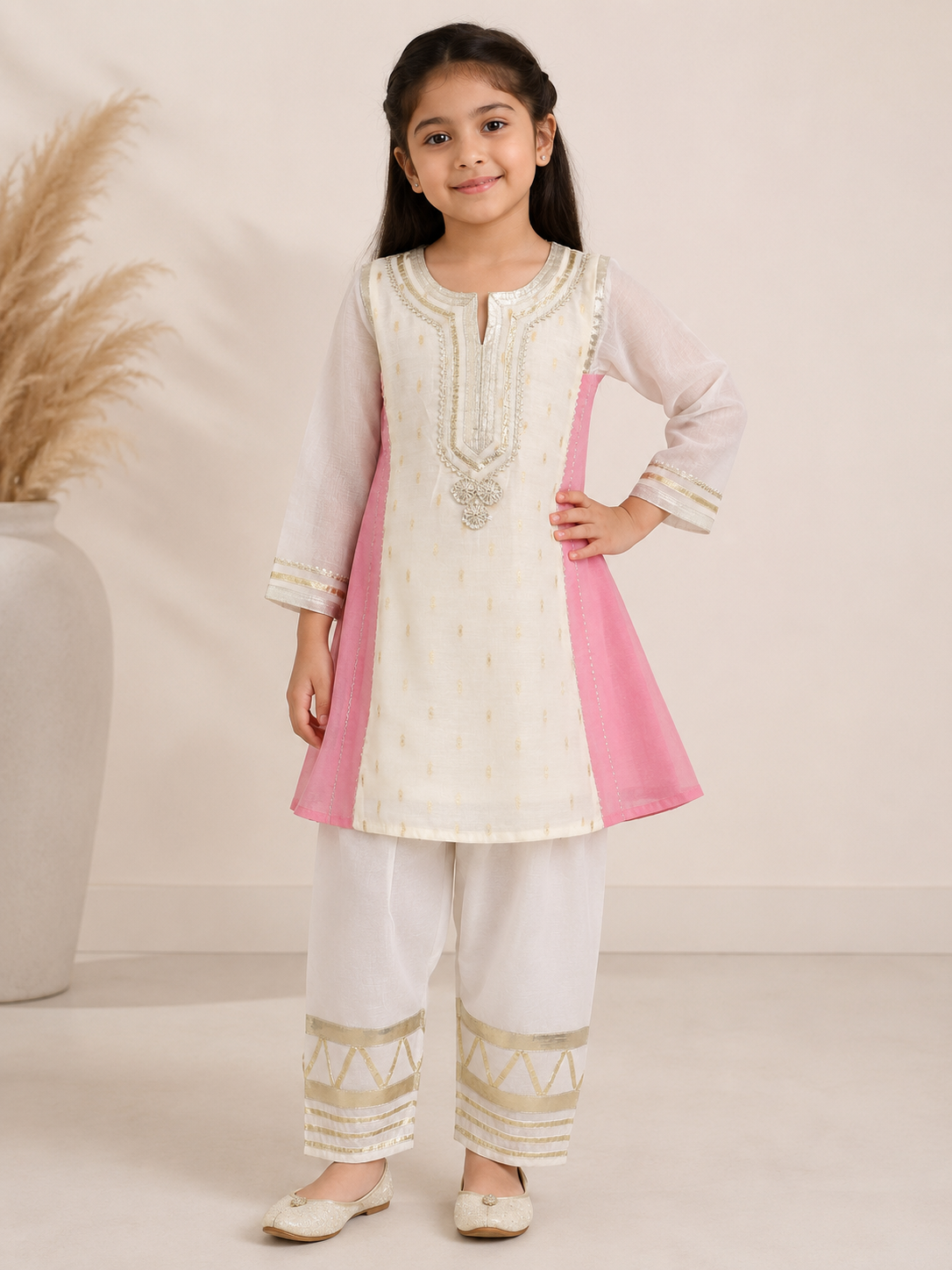 Bitiya By Bhama Girls Off White Kurta With Farsi Salwar