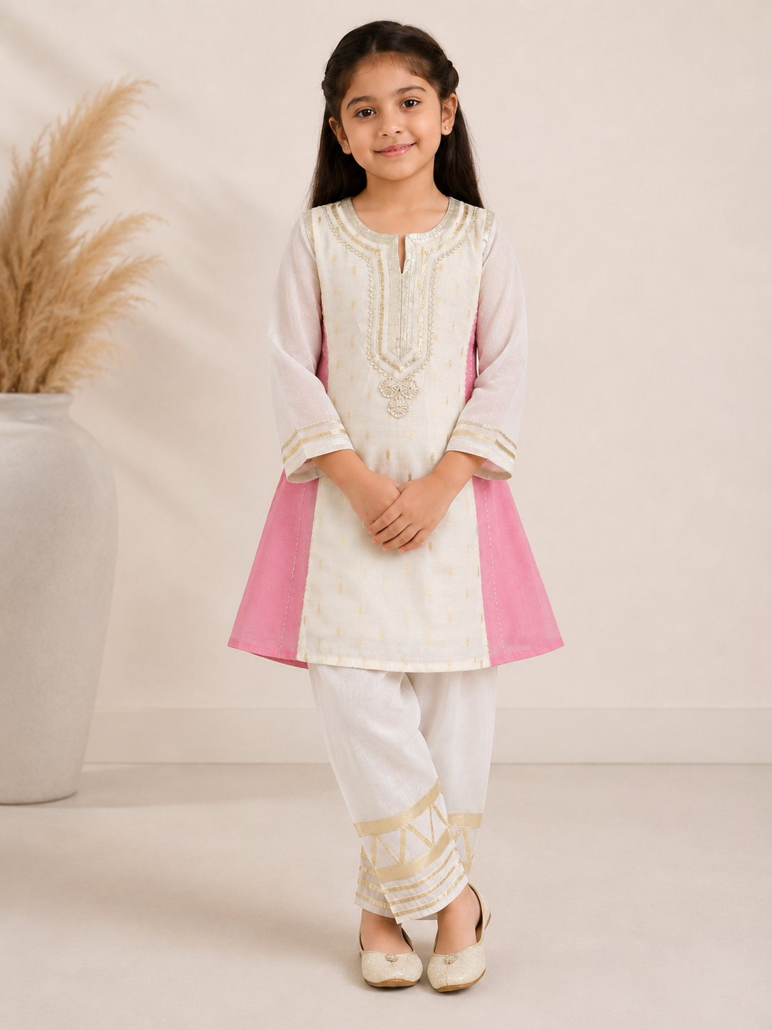 Bitiya By Bhama Girls Off White Kurta With Farsi Salwar