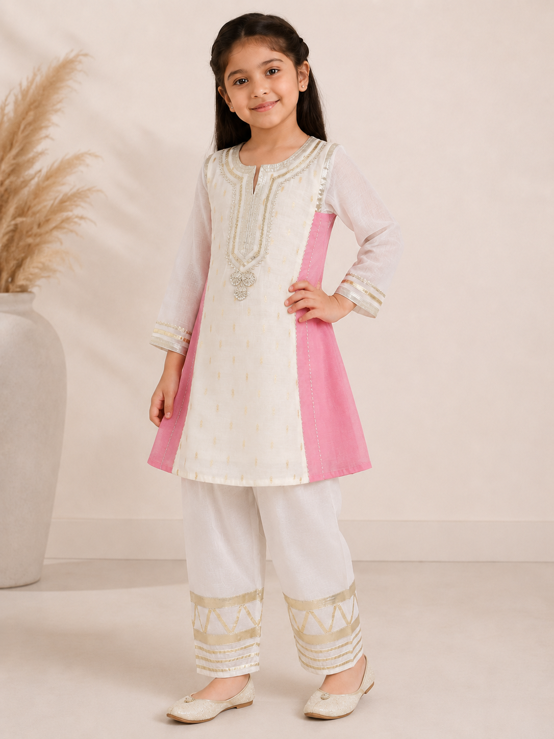 Bitiya By Bhama Girls Off White Kurta With Farsi Salwar