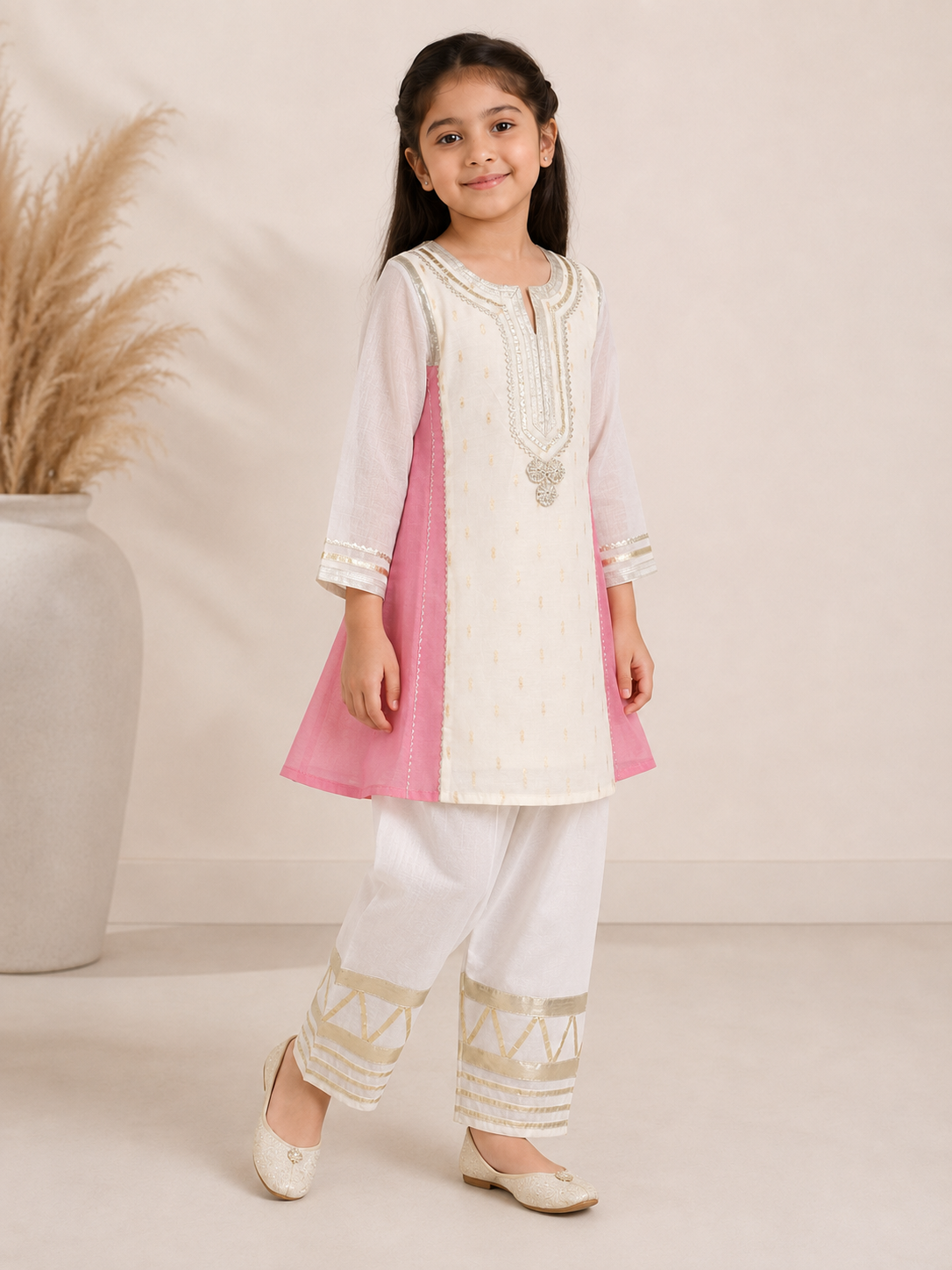 Bitiya By Bhama Girls Off White Kurta With Farsi Salwar