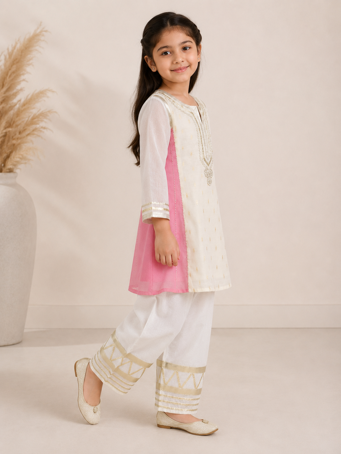 Bitiya By Bhama Girls Off White Kurta With Farsi Salwar