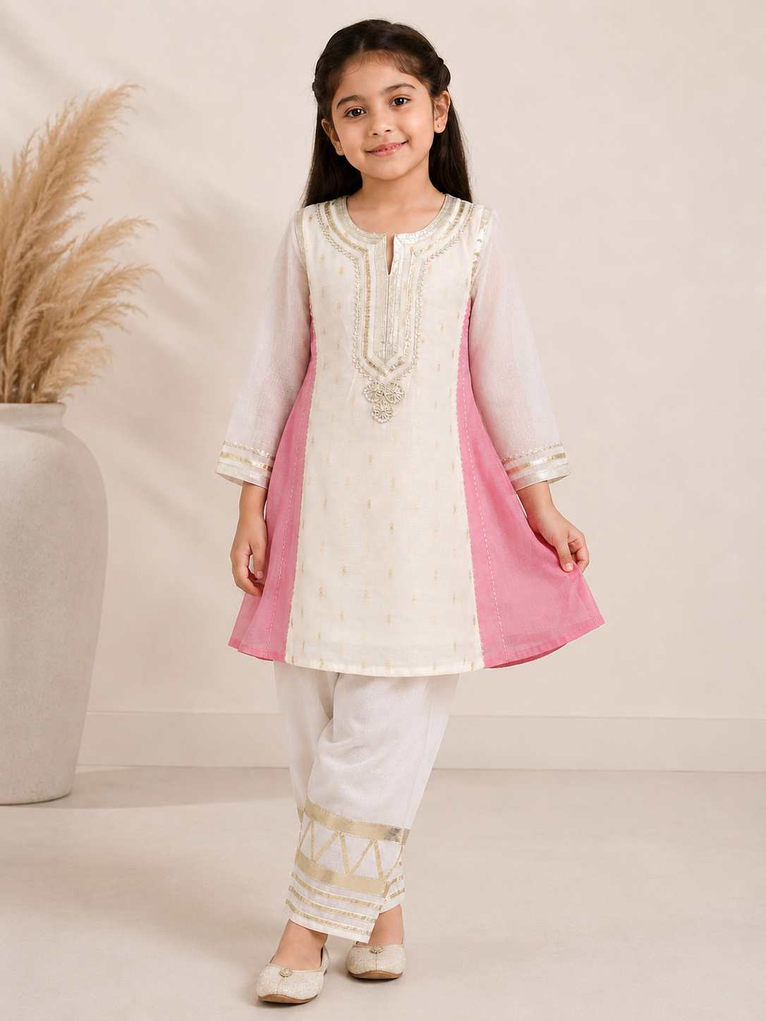 Bitiya By Bhama Girls Off White Kurta With Farsi Salwar