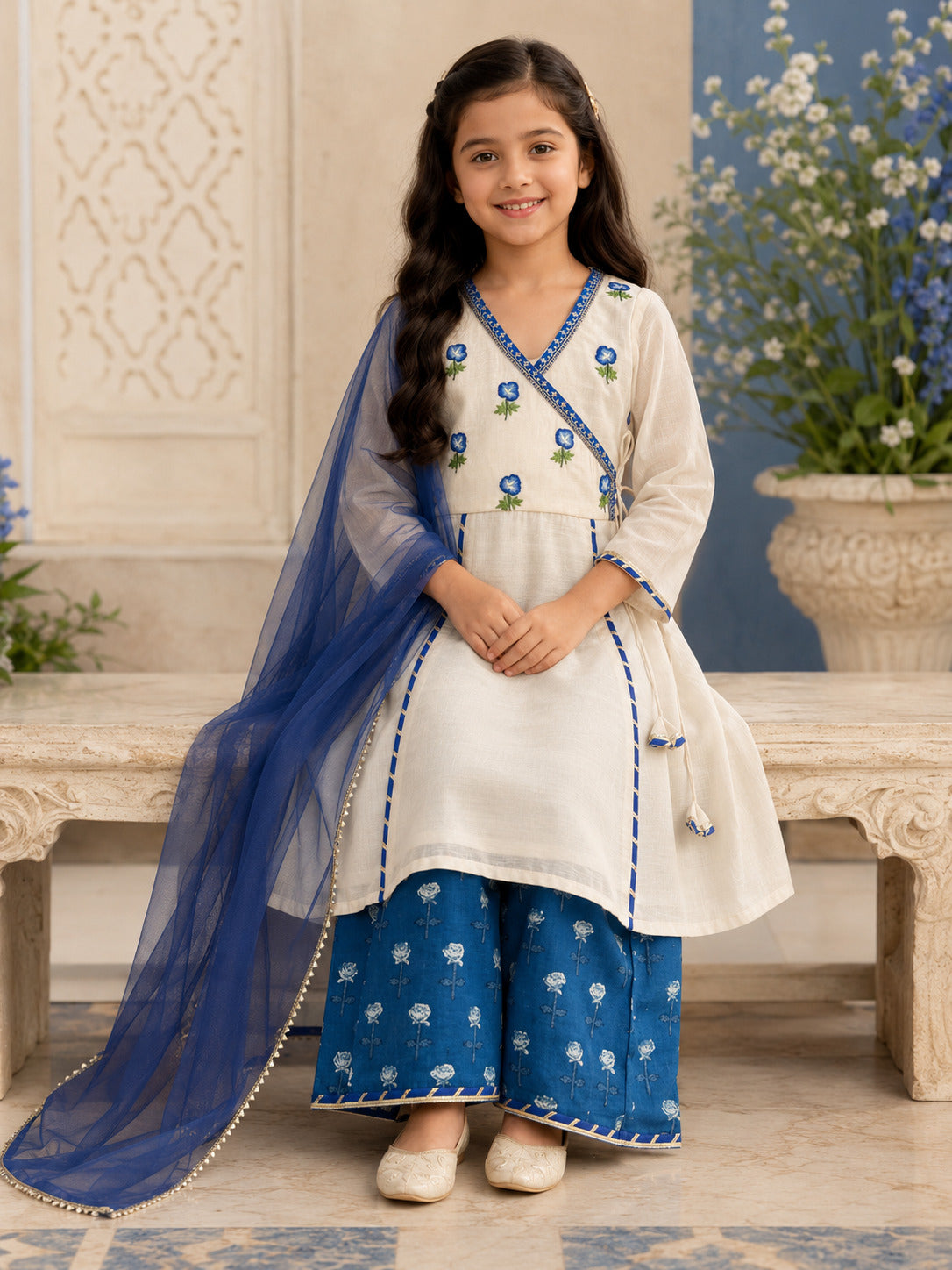 Bitiya By Bhama Girls Off White Kurta With Farsi Salwar & Dupatta