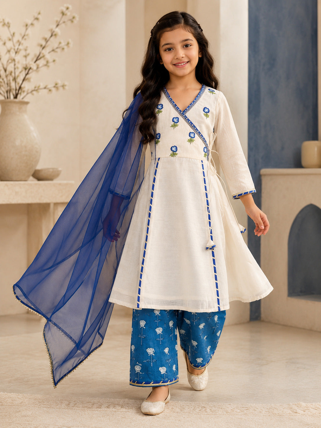 Bitiya By Bhama Girls Off White Kurta With Farsi Salwar & Dupatta