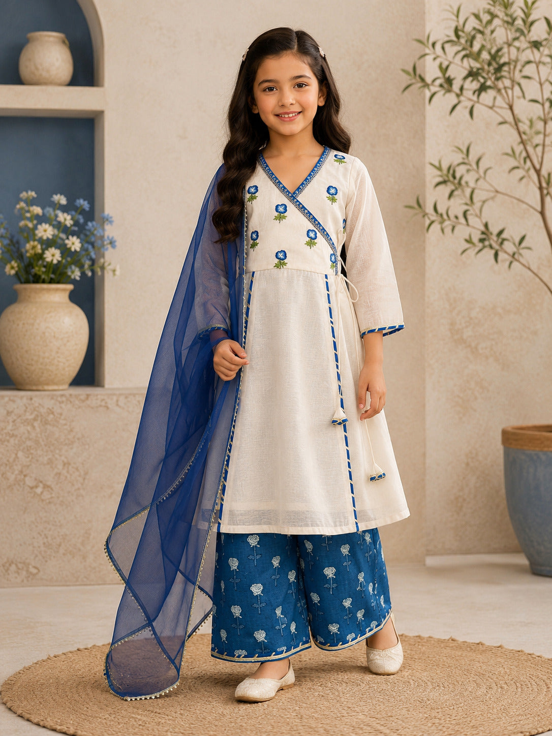 Bitiya By Bhama Girls Off White Kurta With Farsi Salwar & Dupatta