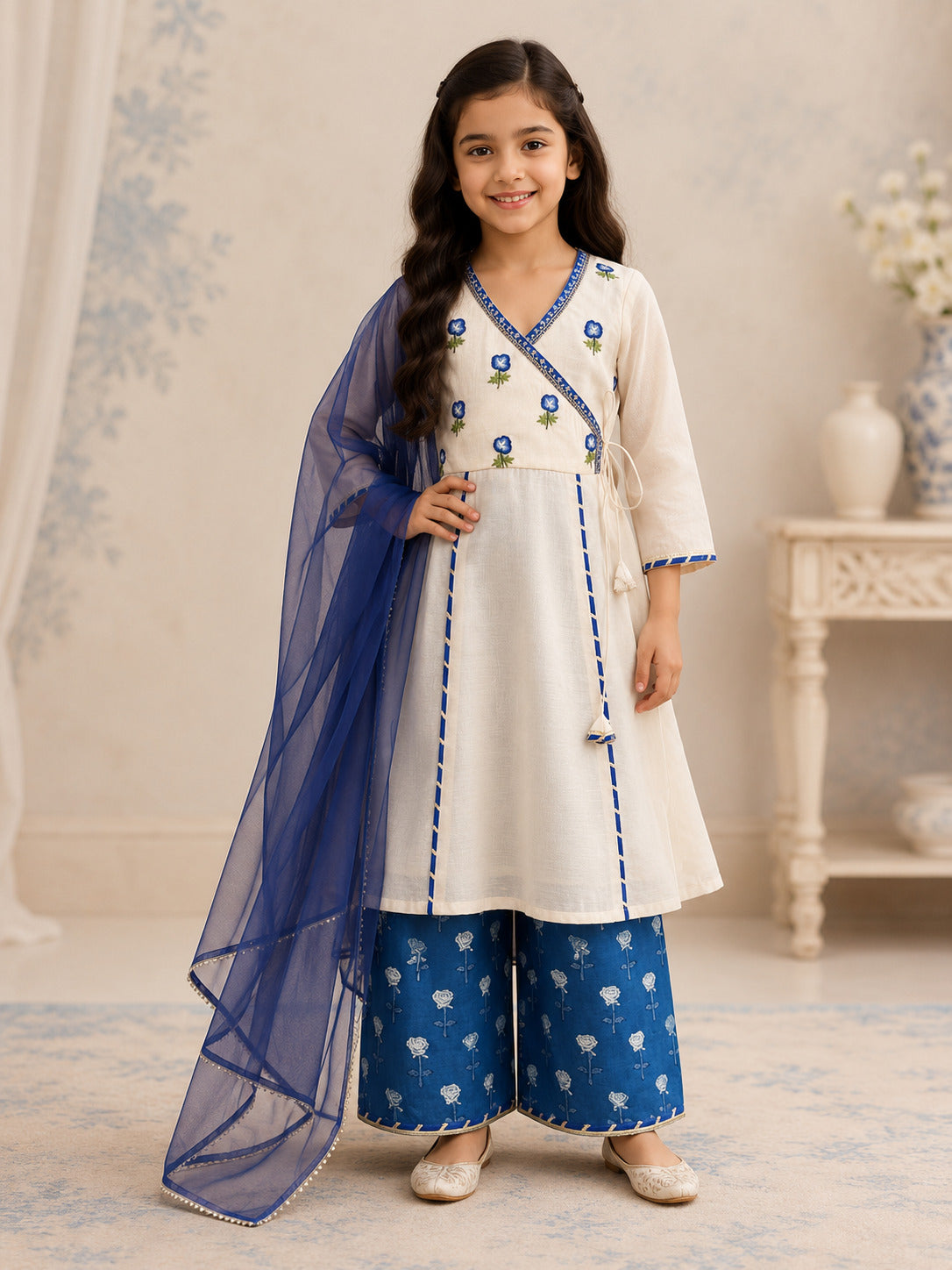 Bitiya By Bhama Girls Off White Kurta With Farsi Salwar & Dupatta