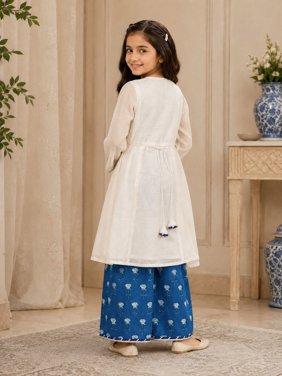 Bitiya By Bhama Girls Off White Kurta With Farsi Salwar & Dupatta