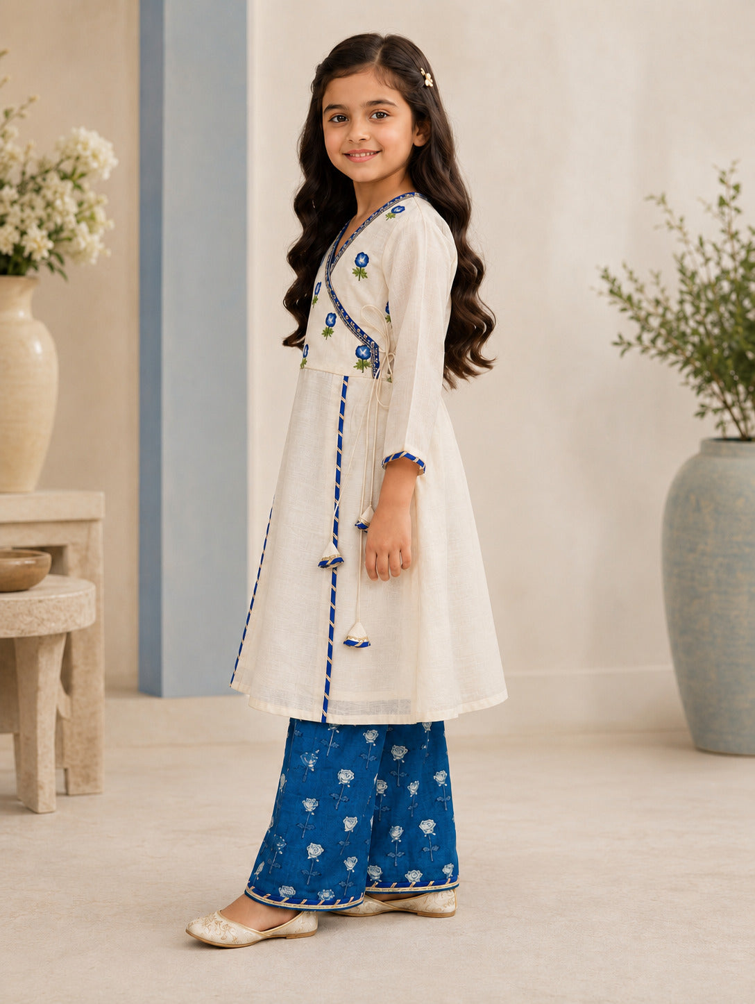 Bitiya By Bhama Girls Off White Kurta With Farsi Salwar & Dupatta
