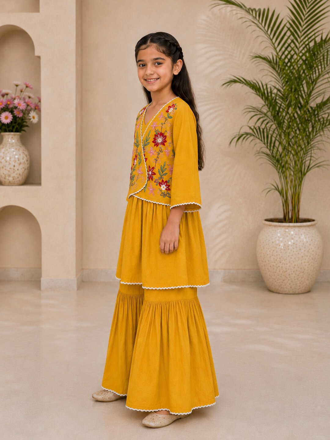 Bitiya By Bhama Girls Mustard Embroidered Jacket Style Kurta Set