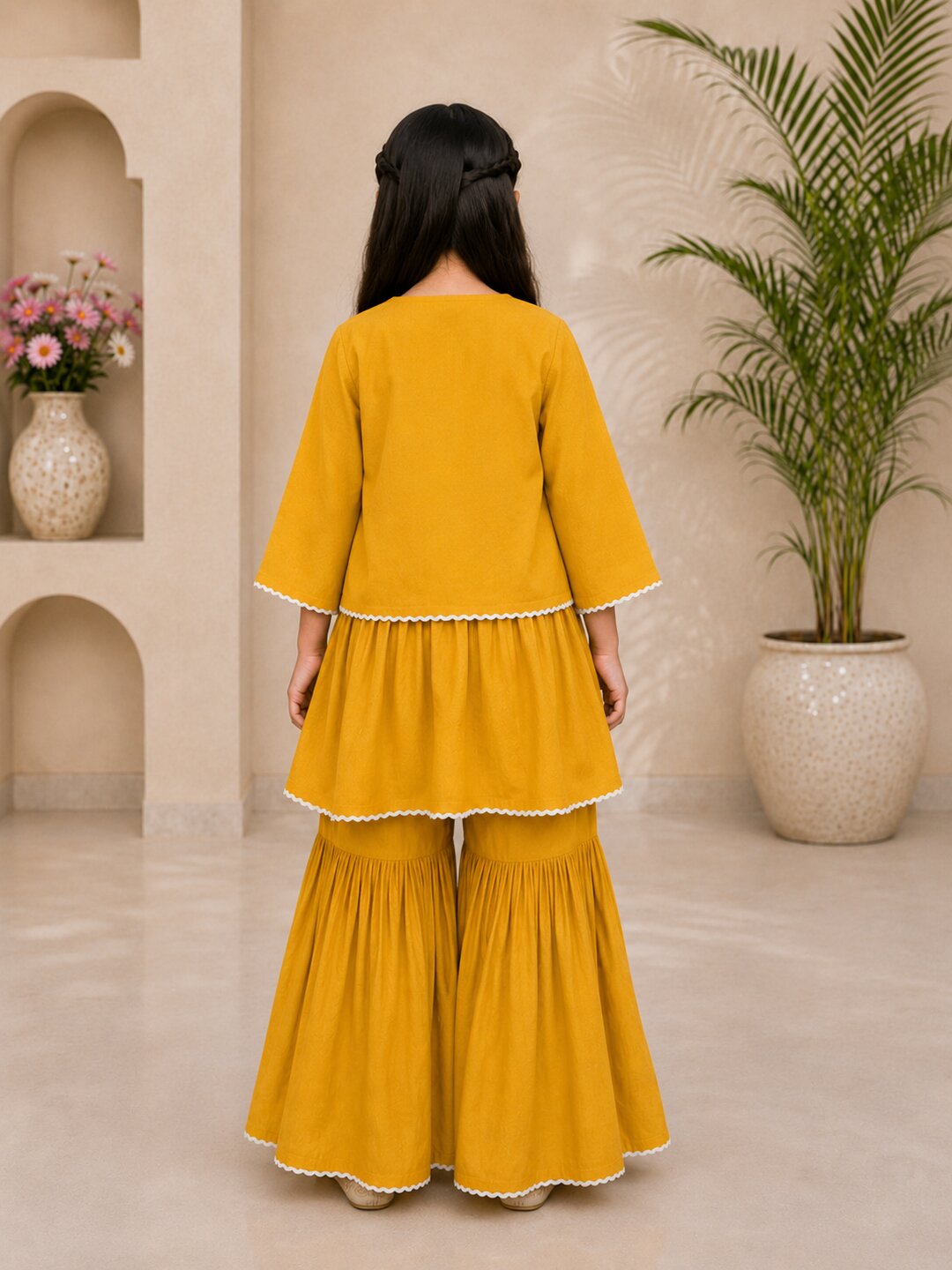 Bitiya By Bhama Girls Mustard Embroidered Jacket Style Kurta Set