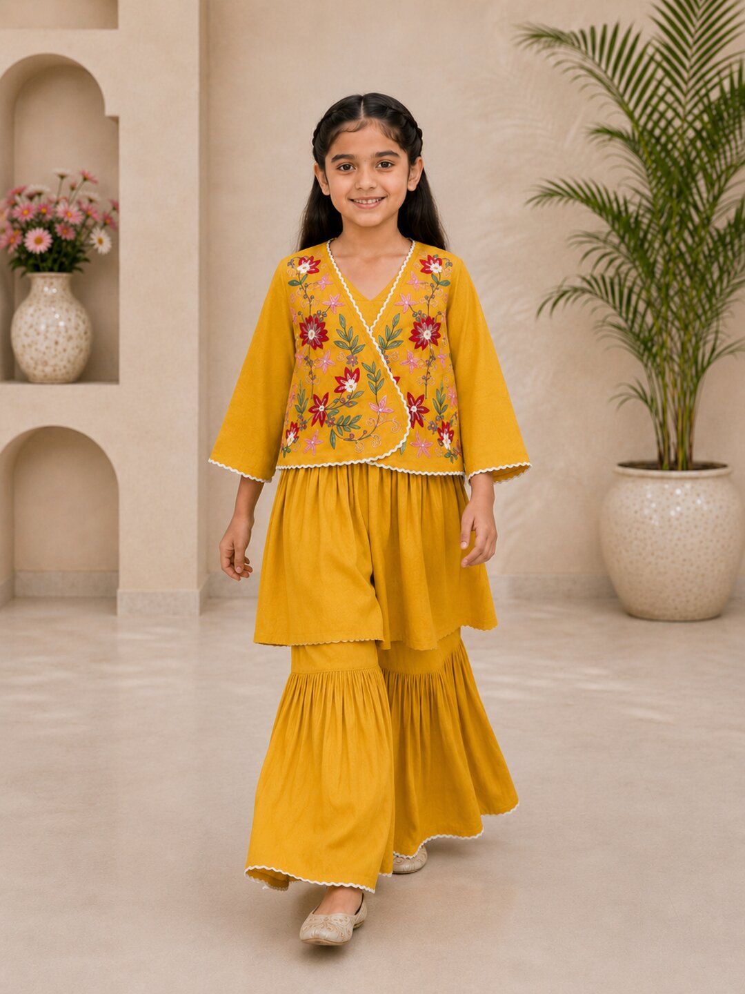 Bitiya By Bhama Girls Mustard Embroidered Jacket Style Kurta Set
