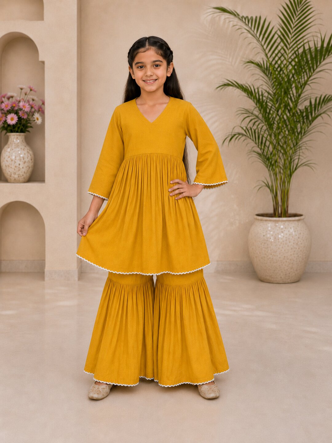 Bitiya By Bhama Girls Mustard Embroidered Jacket Style Kurta Set